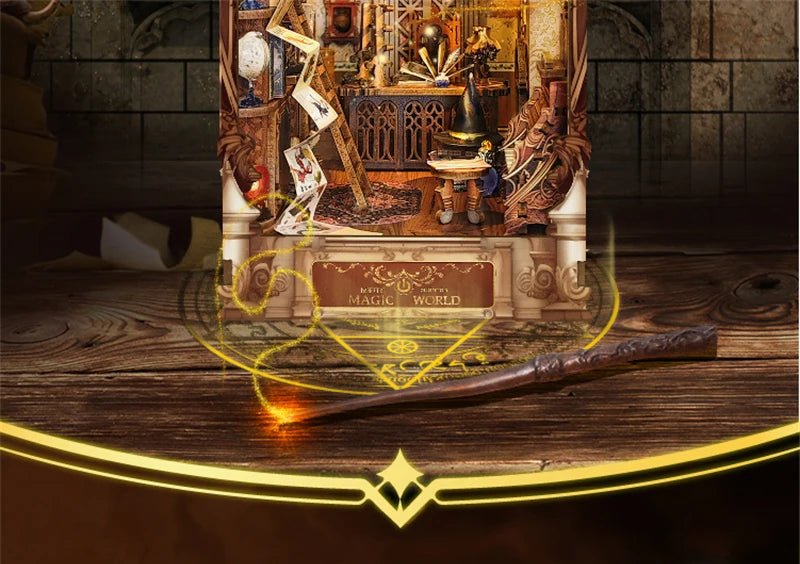 DIY Wooden Book Nook Shelf Insert Kit Miniature Building Kits Magic Night Alley Bookshelf with LED Lights Bookends Friends Gifts