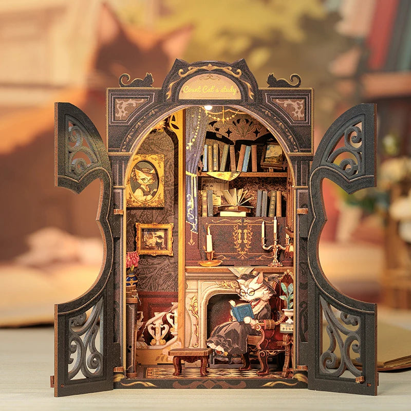 CUTEBEE DIY Book Nook Kit Miniature Wooden Dollhouse with Lights Bookshelf Insert 3D Puzzle Decor Model for Gifts Owl Bookstore
