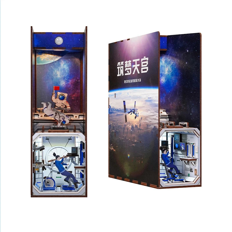 DIY Book Nook Kit for Adults Wooden 3D Puzzle Bookend Bookshelf Insert Decor Booknook Miniature House Kit With Dust Cover LED