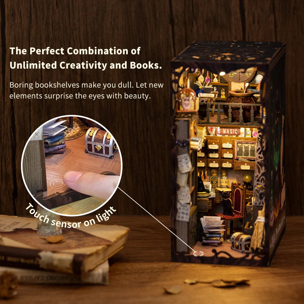 CUTEBEE DIY Book Nook Kit Miniature Dollhouse Book Nook Touch Lights with Furniture for Christmas Gifts (Magic Pharmacist )