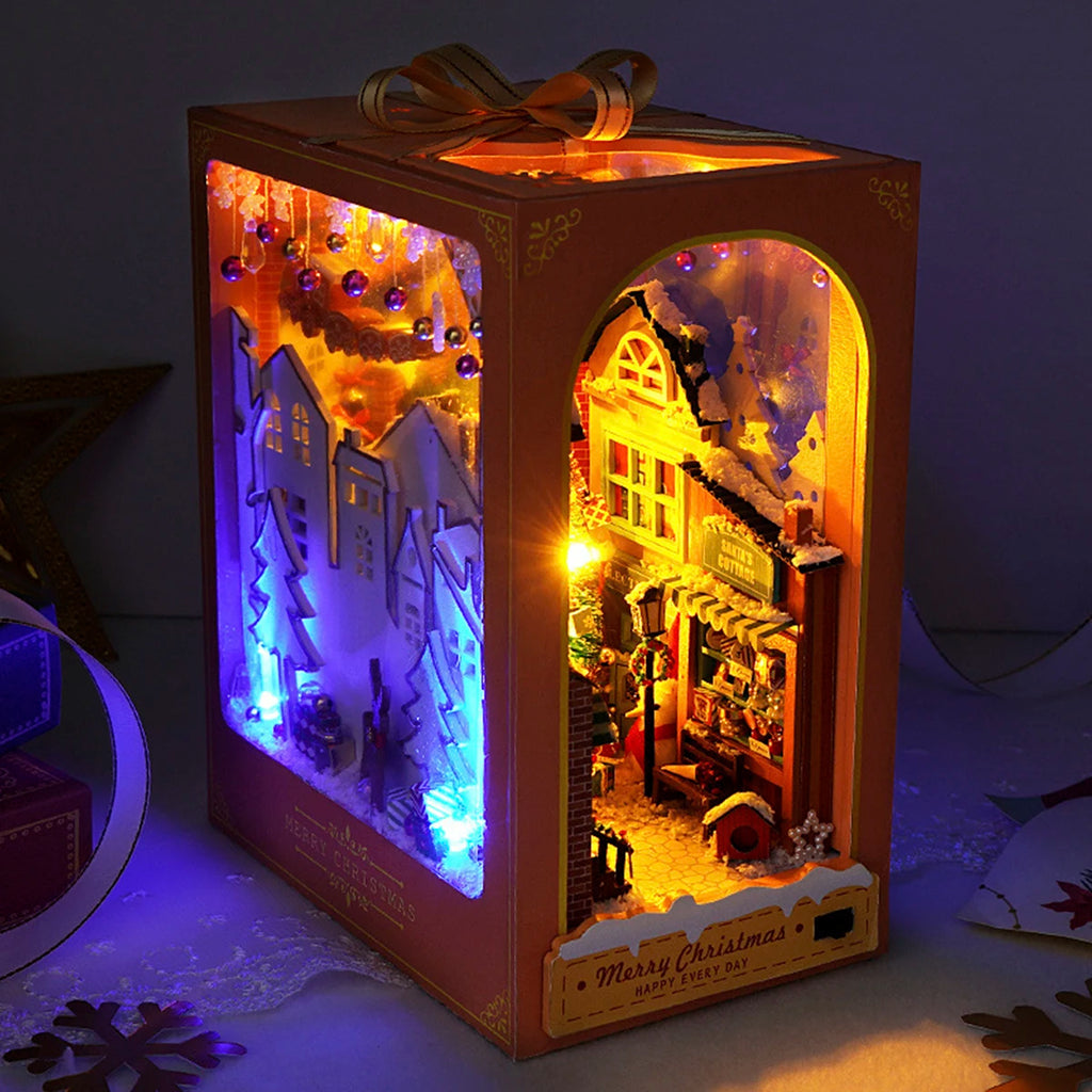 DIY Book Nook Miniatures Shelf Mini Doll House Kit LED Glowing Book Nook Dollhouse Wooden Bookshelf Home Decoration NewYear Gift