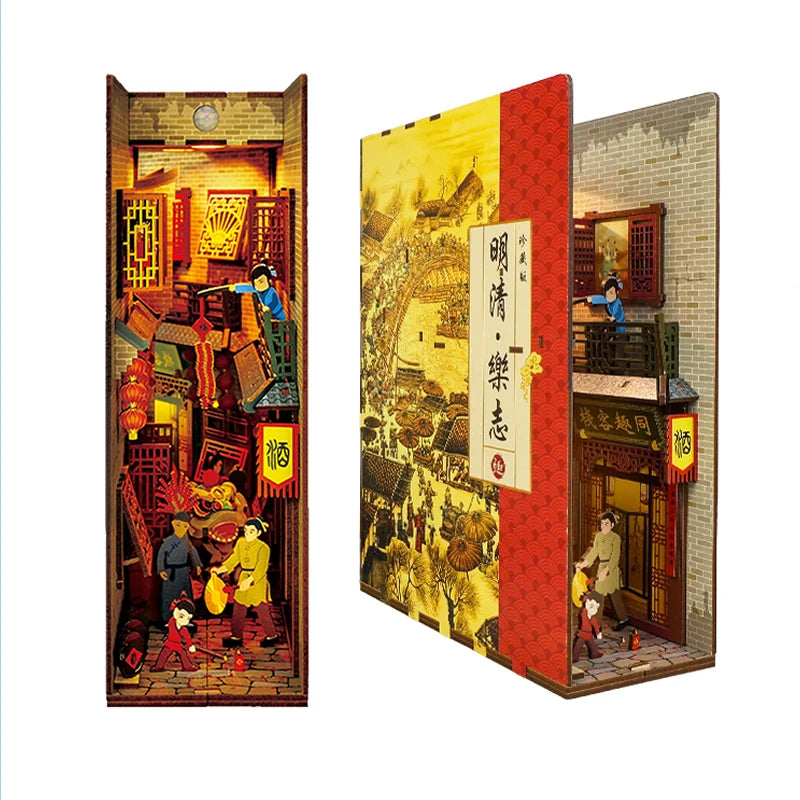 DIY Book Nook Kit for Adults Wooden 3D Puzzle Bookend Bookshelf Insert Decor Booknook Miniature House Kit With Dust Cover LED