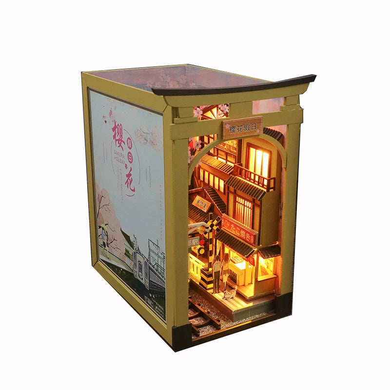 New Book Nook Japanese City Alley Model Building Bookend Bookshelf Insert Bookcase DIY Assemble Toys Child Girl Adult Gift Casa