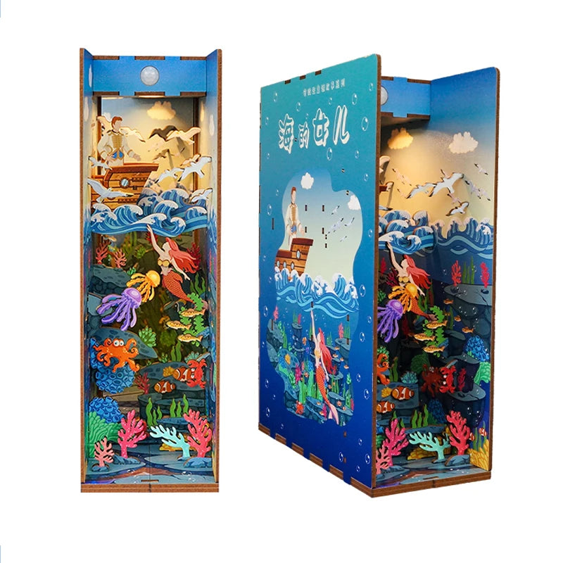 DIY Book Nook Kit for Adults Wooden 3D Puzzle Bookend Bookshelf Insert Decor Booknook Miniature House Kit With Dust Cover LED