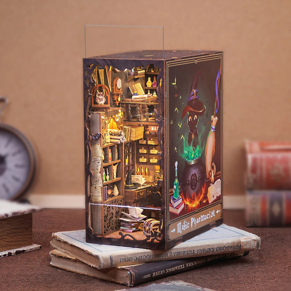 CUTEBEE DIY Book Nook Kit Dollhouse Book Nook Magic Pharmacist  Miniature Touch Lights with Furniture for Birthday Gift