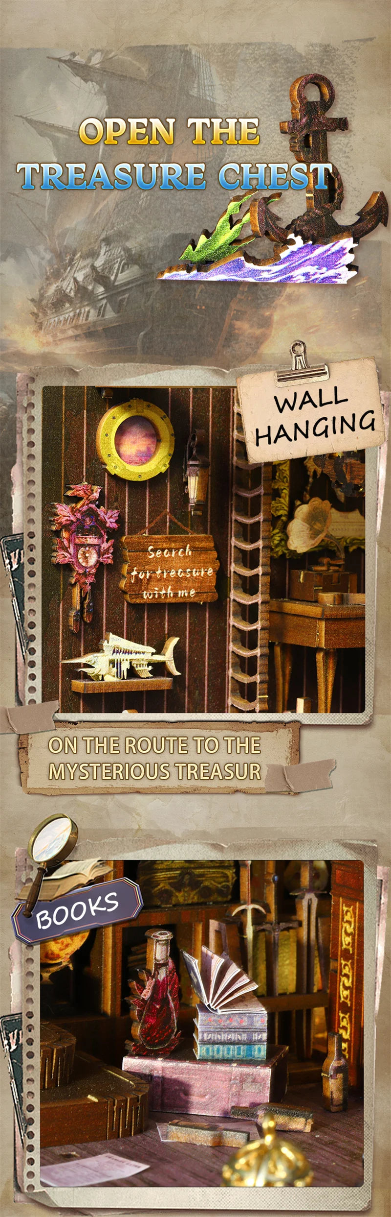 Retro DIY Wooden Book Nook Shelf Insert Kits Miniatures Magical Pirate Ship Bookcase Home Bookshelf Decor Adult Handmade Gifts