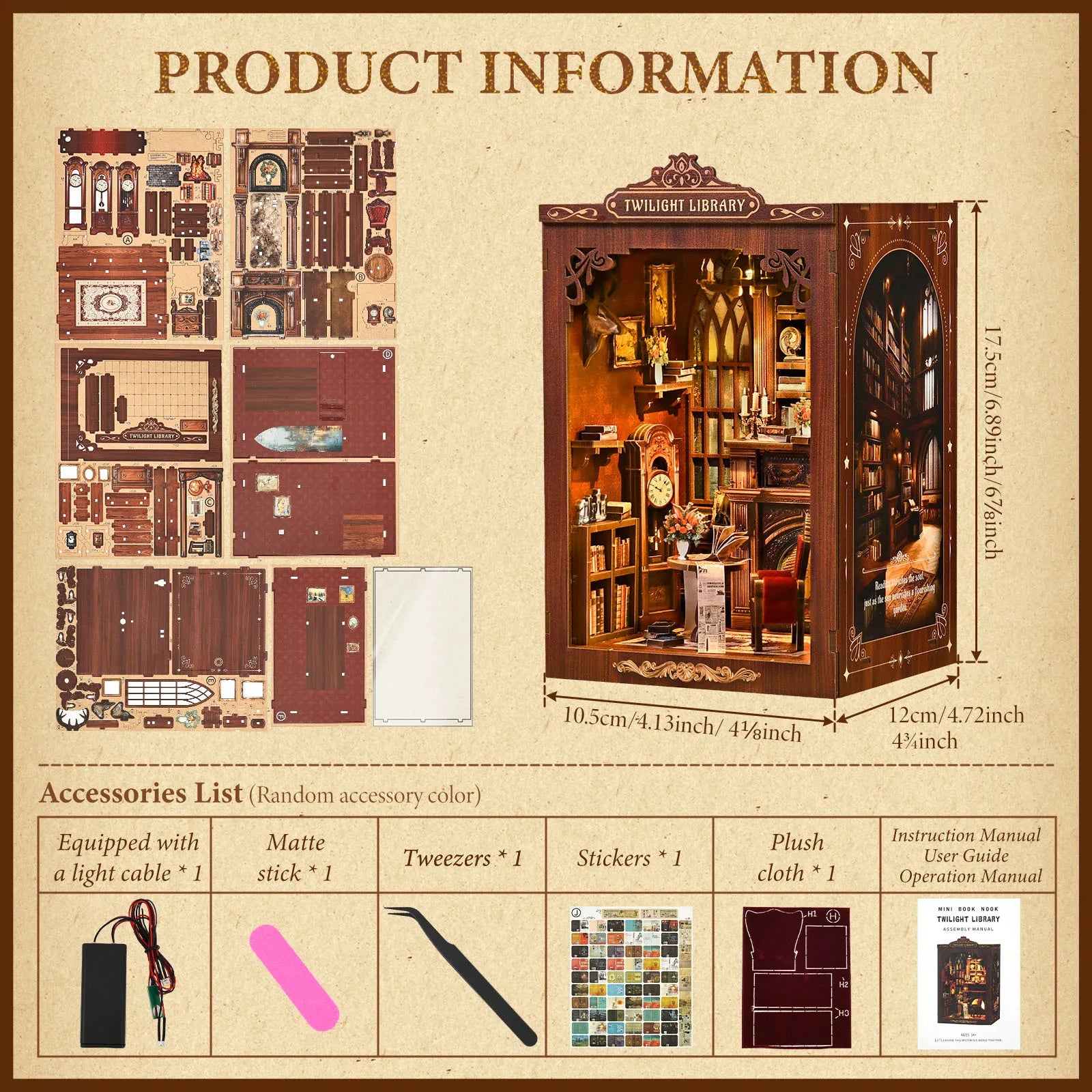 DIY Book Nook Kit Decorative Miniature Nook Bookshelf Insert with LED Light 3D Wooden Miniature House for Book Lovers