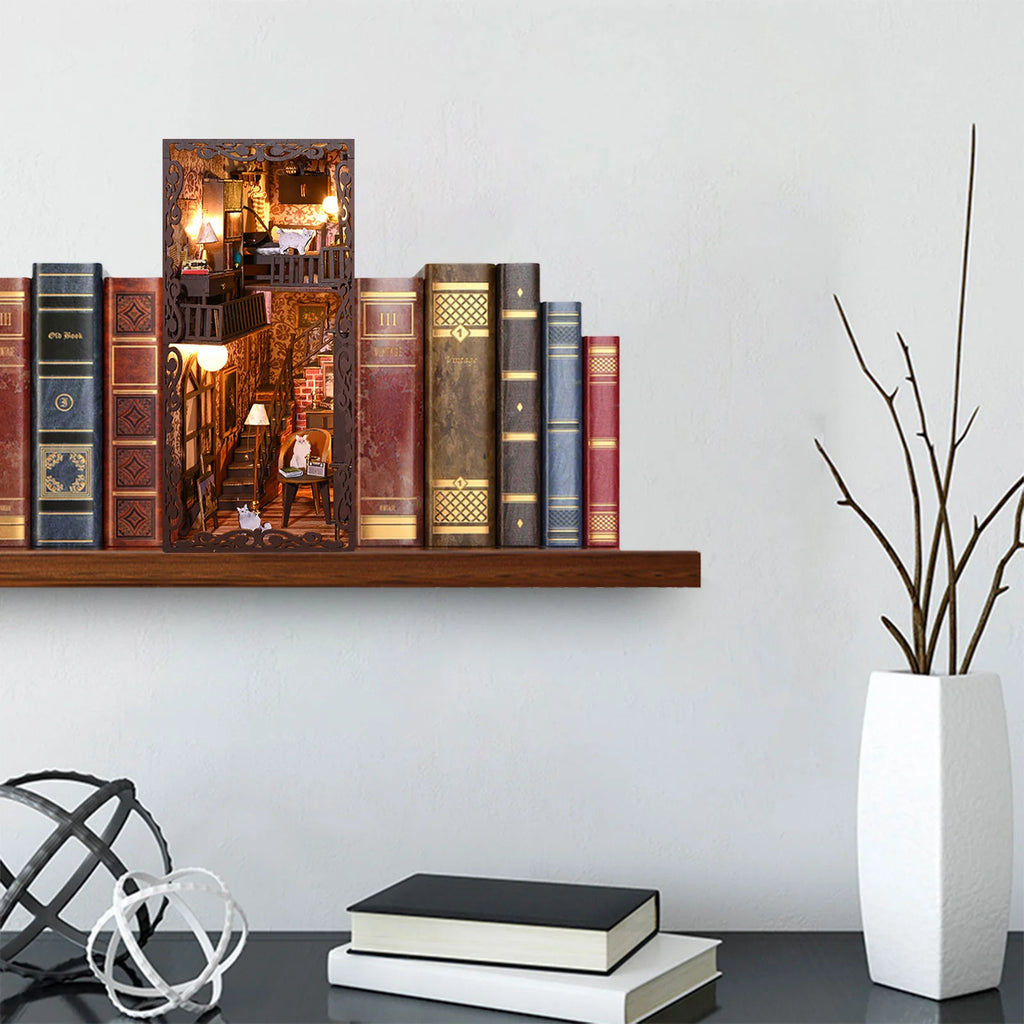 DIY Book Nook Kit Miniature Wooden Dollhouse with Light Bookshelf Insert Decoration Model Magic Library Bookend Birthday Gifts
