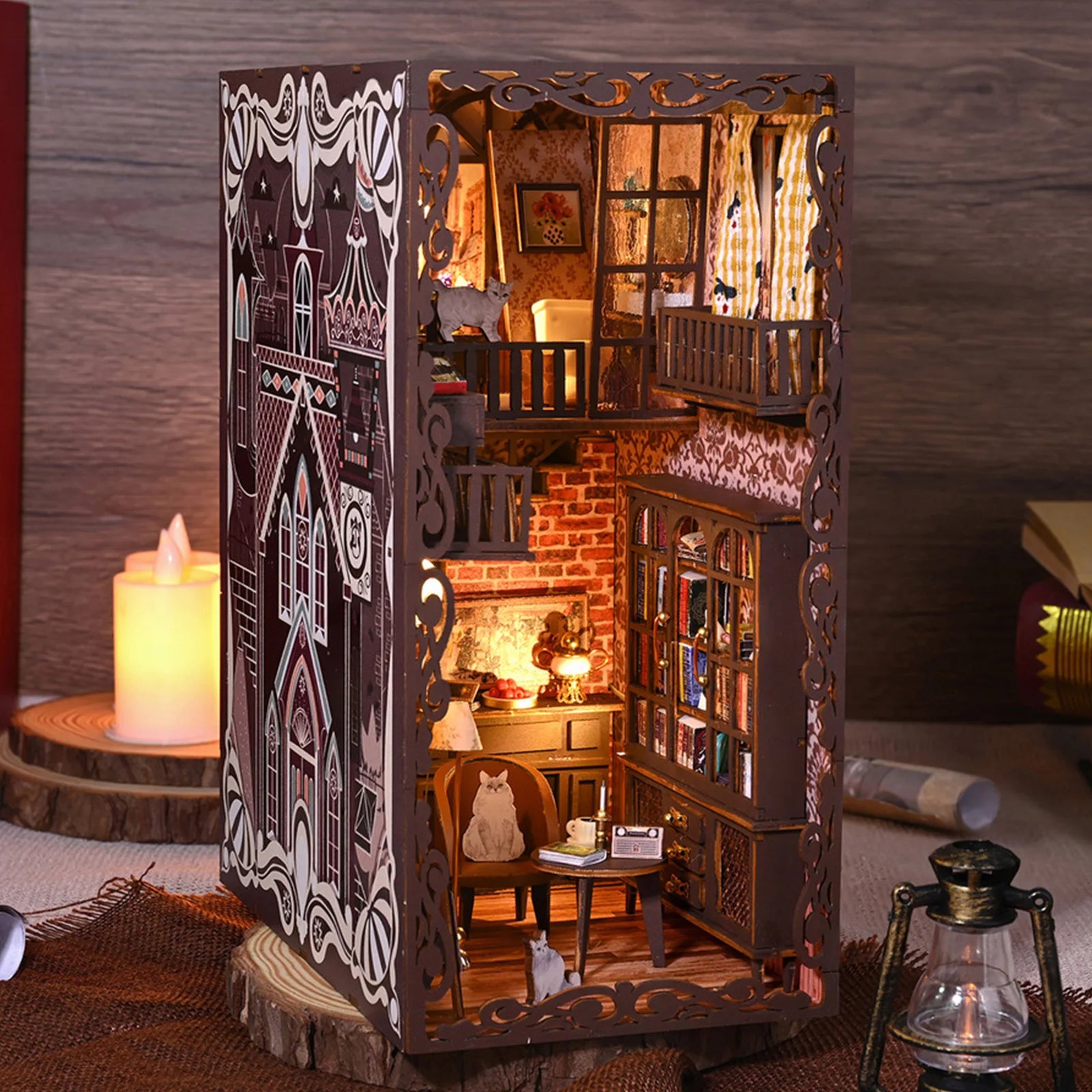DIY Book Nook Kit Miniature Wooden Dollhouse with Light Bookshelf Insert Decoration Model Magic Library Bookend Birthday Gifts