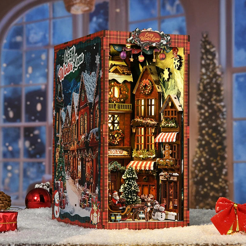 NEW DIY Book Nook Wooden Miniature Model Kits Christmas Street Corner Bookend 3D Puzzle with Light Bookshelf for Friends Gifts