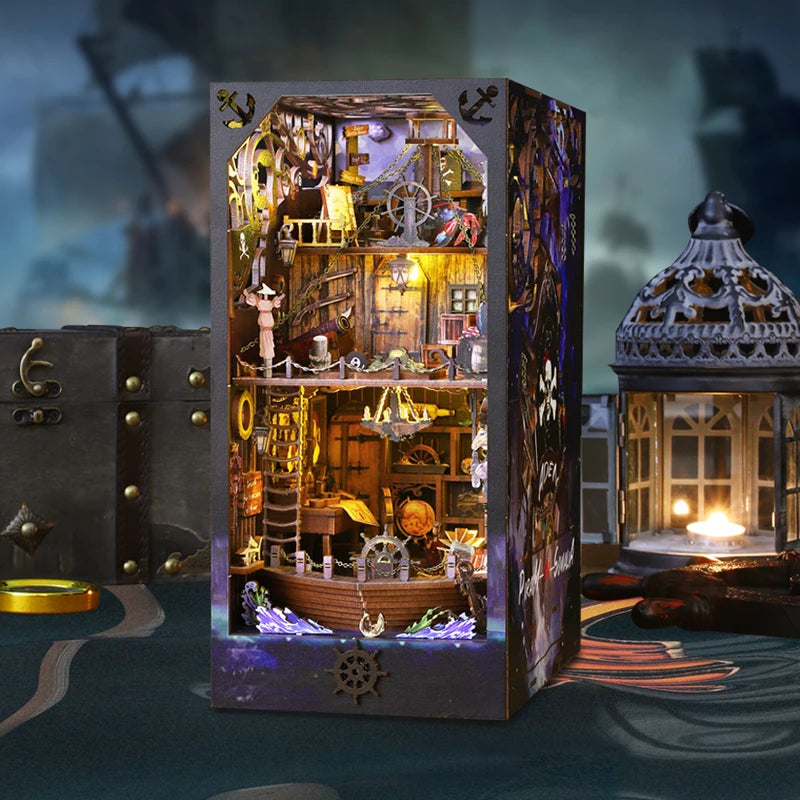 Retro DIY Wooden Book Nook Shelf Insert Kits Miniatures Magical Pirate Ship Bookcase Home Bookshelf Decor Adult Handmade Gifts