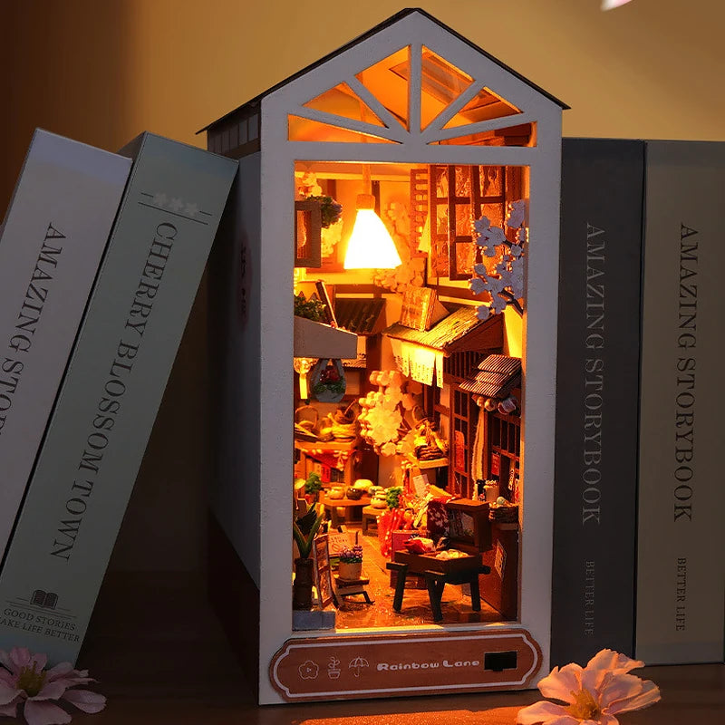DIY Book Nook Kit Bookend Kit Wooden Doll House Bookshelf Insert Decor With Warm Light 3D Puzzle Assembly Building Model Gifts