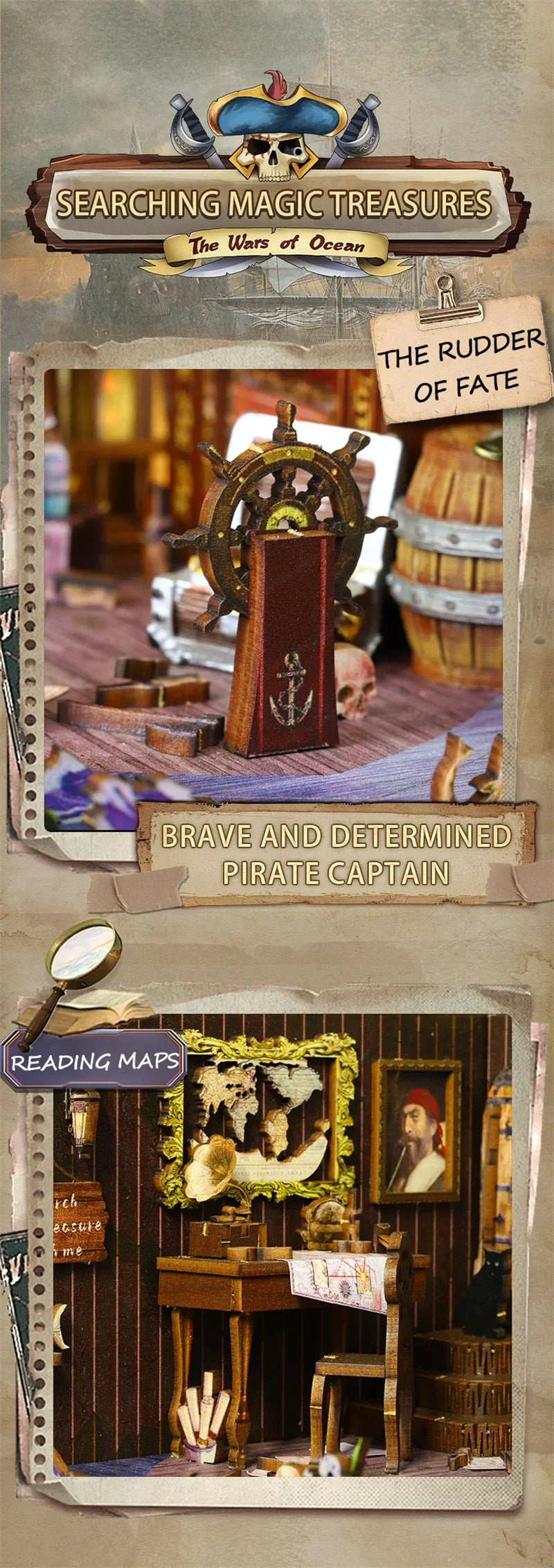 Retro DIY Wooden Book Nook Shelf Insert Kits Miniatures Magical Pirate Ship Bookcase Home Bookshelf Decor Adult Handmade Gifts