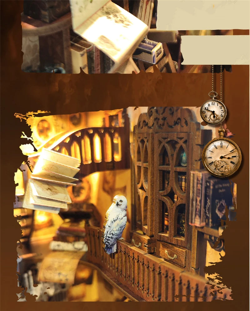 DIY Wooden Book Nook Shelf Insert Kit Miniature Building Kits Magic Night Alley Bookshelf with LED Lights Bookends Friends Gifts