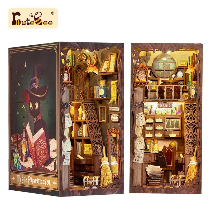 CUTEBEE DIY Book Nook Kit Miniature Dollhouse Book Nook Touch Lights with Furniture for Christmas Gifts (Magic Pharmacist )