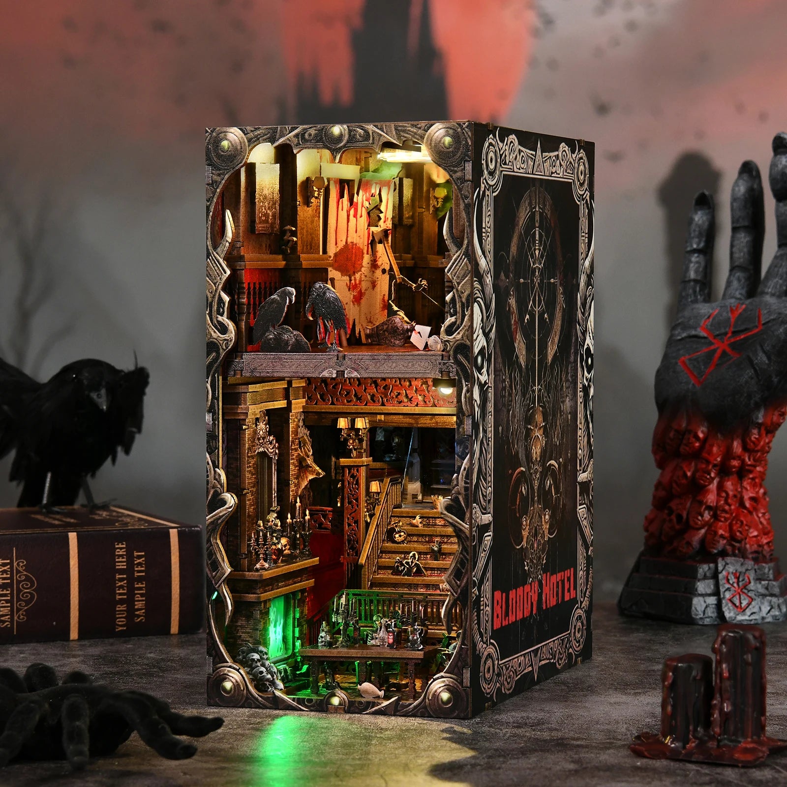 Book Nook Kit Haunted Hotel Halloween 3D DIY Wooden Puzzle Handmade Bookshelf Dollhouse Model Bookend Building Home Decoration