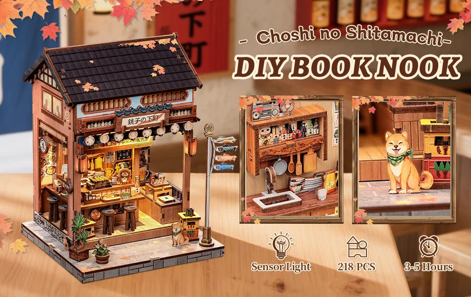 CUTEBEE DIY Book Nook Kit Miniature Dollhouse with Light Wooden Bookshelf Insert Retro Booknook Christmas Birthday Party Gift