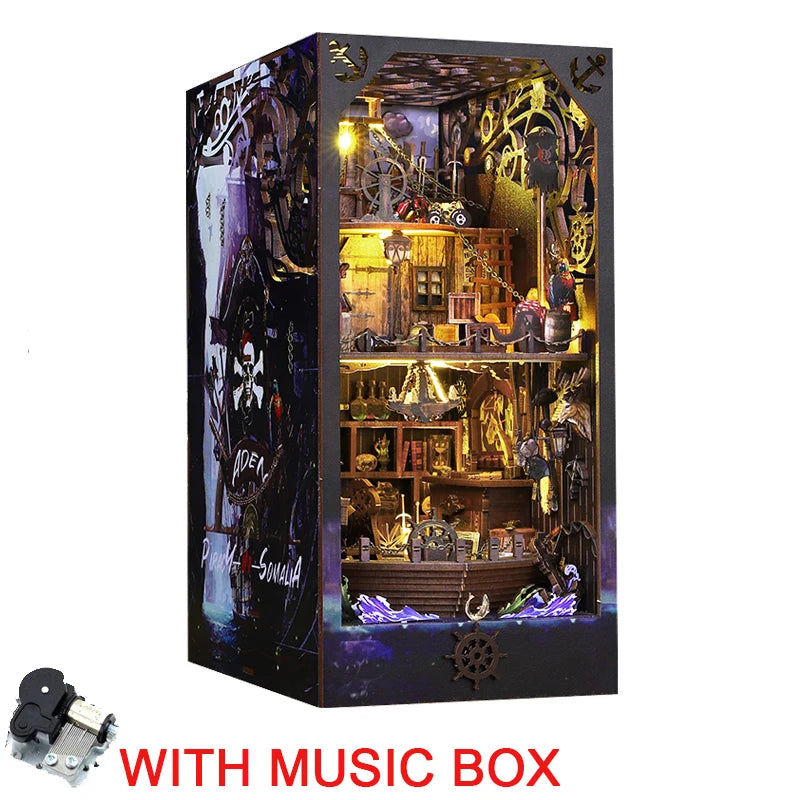 Retro DIY Wooden Book Nook Shelf Insert Kits Miniatures Magical Pirate Ship Bookcase Home Bookshelf Decor Adult Handmade Gifts