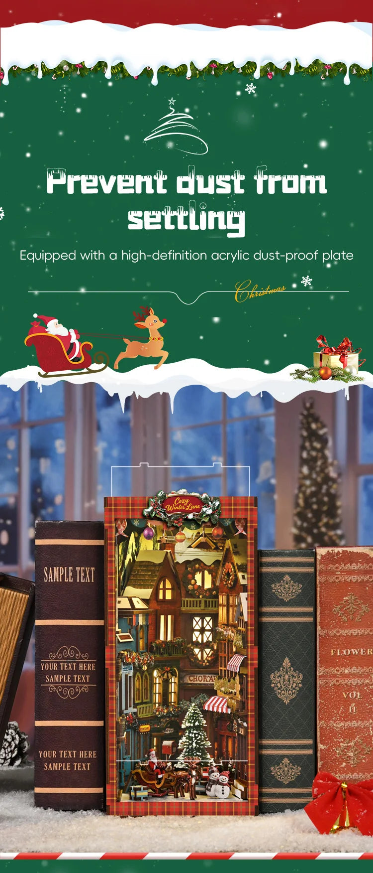 NEW DIY Book Nook Wooden Miniature Model Kits Christmas Street Corner Bookend 3D Puzzle with Light Bookshelf for Friends Gifts