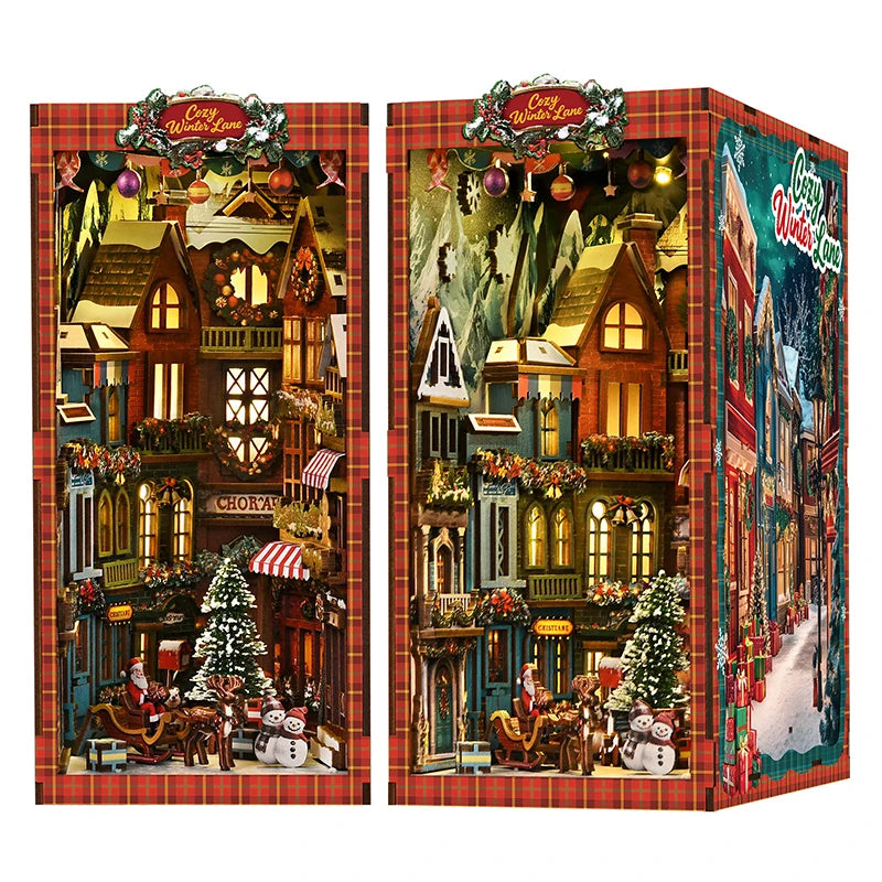 NEW DIY Book Nook Wooden Miniature Model Kits Christmas Street Corner Bookend 3D Puzzle with Light Bookshelf for Friends Gifts