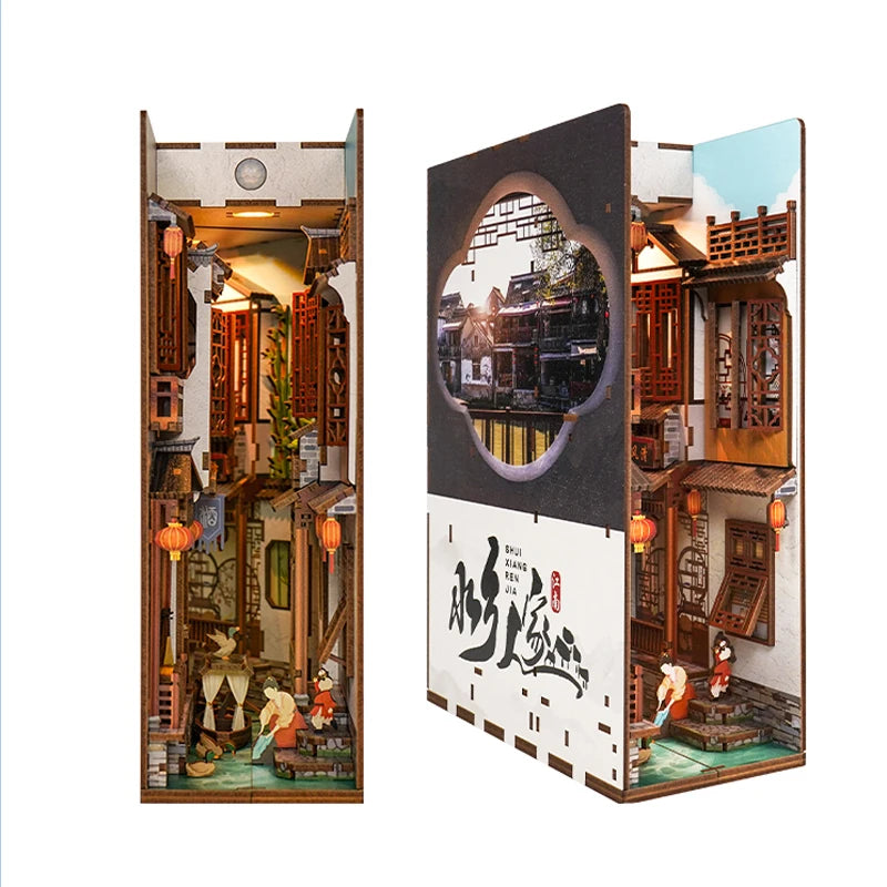 DIY Book Nook Kit for Adults Wooden 3D Puzzle Bookend Bookshelf Insert Decor Booknook Miniature House Kit With Dust Cover LED