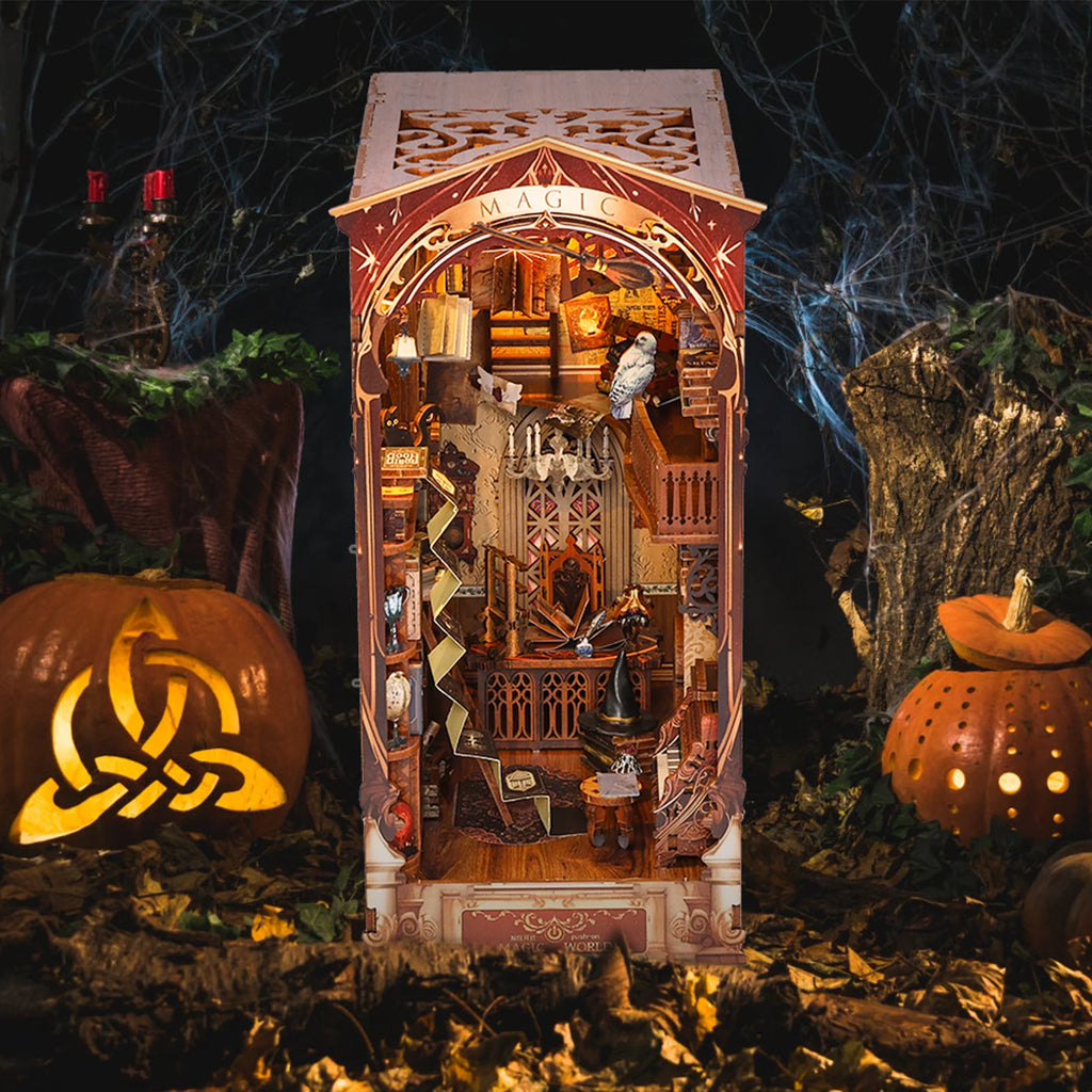 DIY Book Nook Kit Miniature Wooden Dollhouse with Light Bookshelf Insert Decoration Model Magic Library Bookend Birthday Gifts