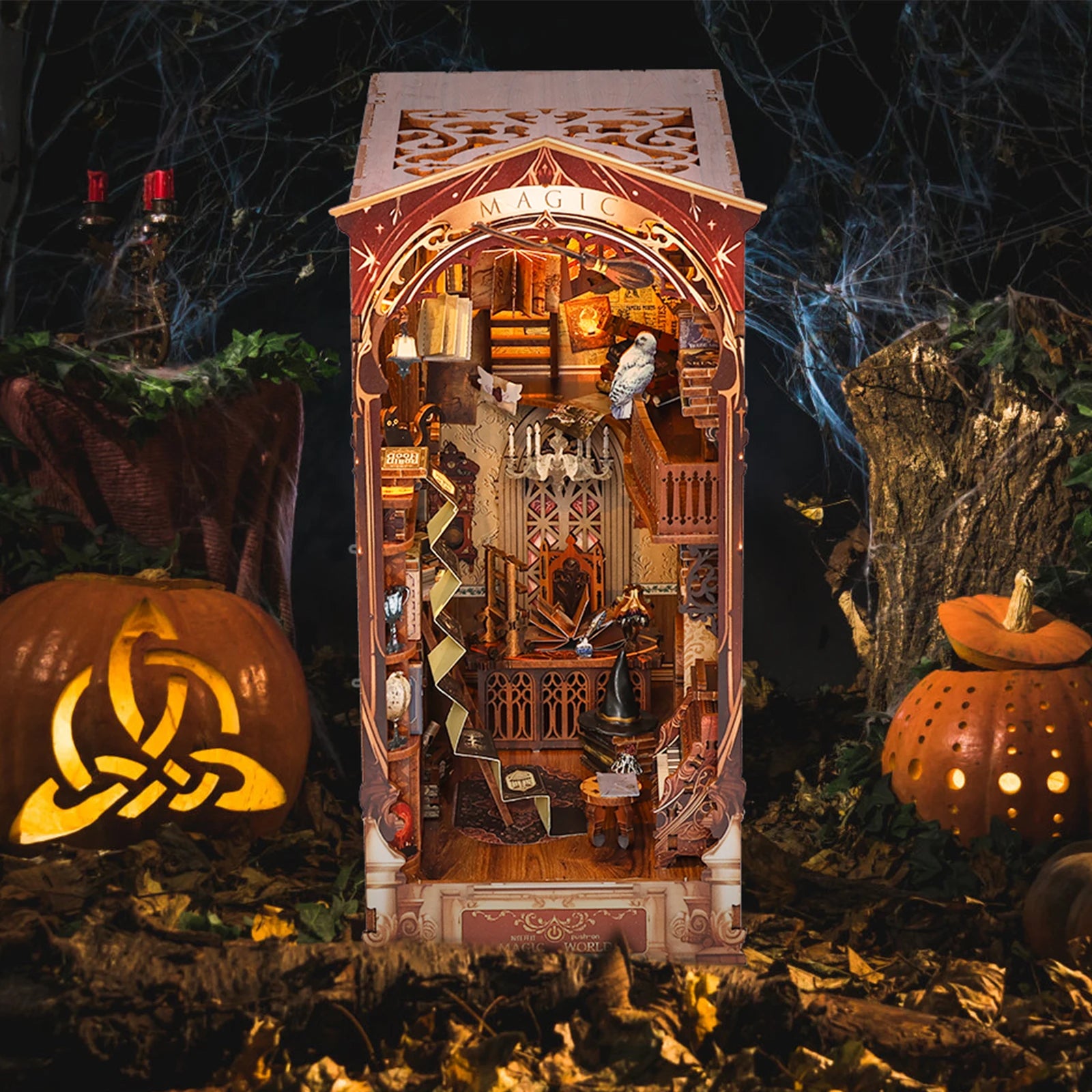 DIY Book Nook Kit Miniature Wooden Dollhouse with Light Bookshelf Insert Decoration Model Magic Library Bookend Birthday Gifts