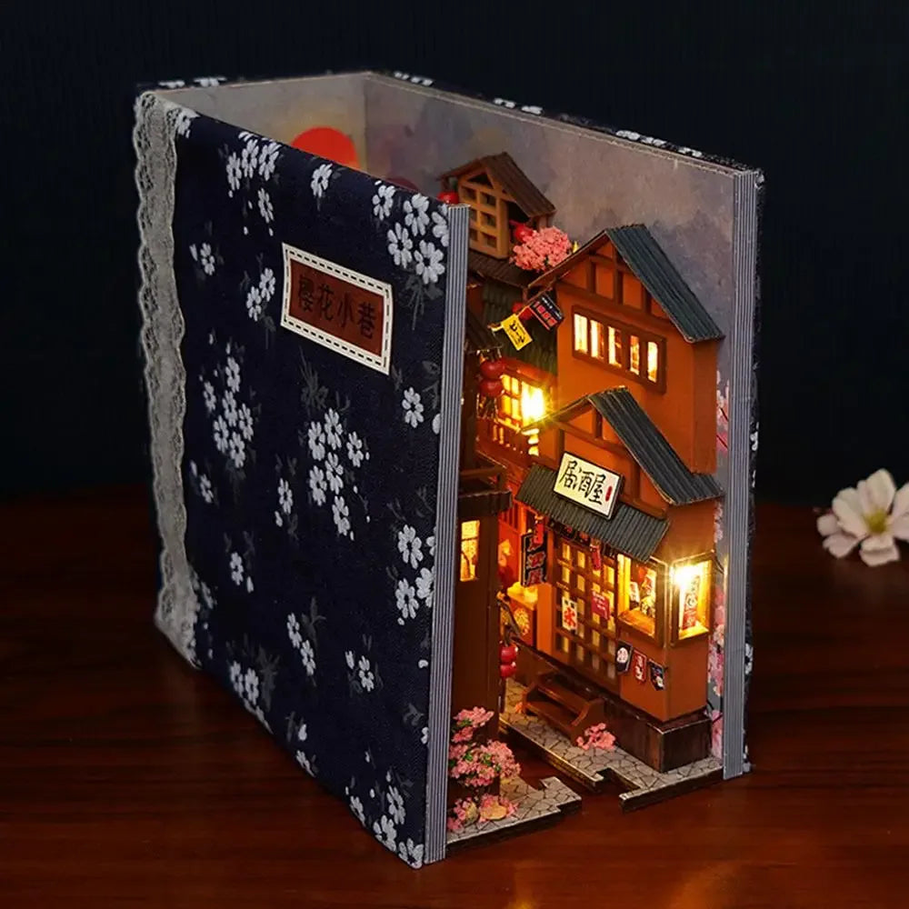 DIY Creative Book Nook Kit Decorative Japanese Style Bookend Insert Bookcase Book Stand Miniature House with LED Light Gift