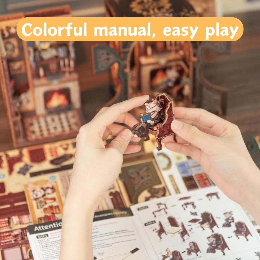 CUTEBEE DIY Book Nook Kit Miniature Wooden Dollhouse with Lights Bookshelf Insert 3D Puzzle Decor Model for Gifts Owl Bookstore