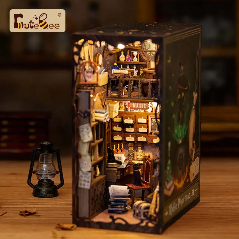 CUTEBEE DIY Book Nook Kit Miniature Dollhouse Book Nook Touch Lights with Furniture for Christmas Gifts (Magic Pharmacist )