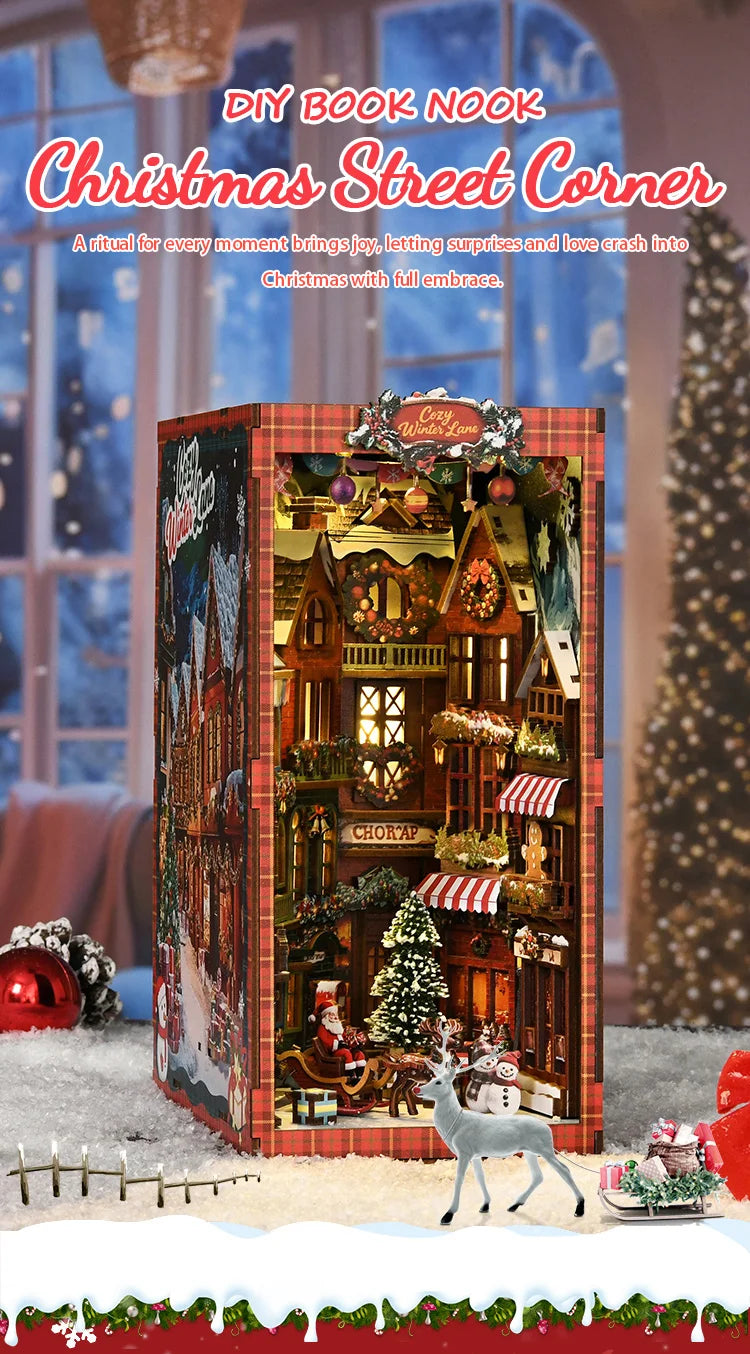 NEW DIY Book Nook Wooden Miniature Model Kits Christmas Street Corner Bookend 3D Puzzle with Light Bookshelf for Friends Gifts
