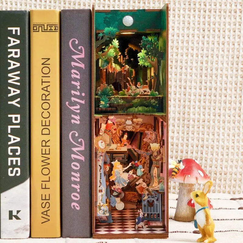 DIY Wooden Book Nook Alice In Wonderland Shelf Insert Booknook Kit Microlandscape Desktop Bookshelf Ornaments Assembly Bookend