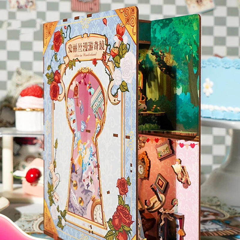 DIY Wooden Book Nook Shelf Kits Puzzle Alice in Wonderland Sensing Bookends Toy Bookshelf for Friends Gifts Home Decoration
