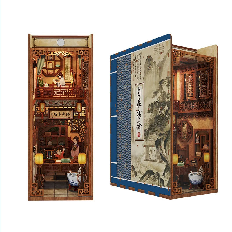 DIY Book Nook Kit for Adults Wooden 3D Puzzle Bookend Bookshelf Insert Decor Booknook Miniature House Kit With Dust Cover LED