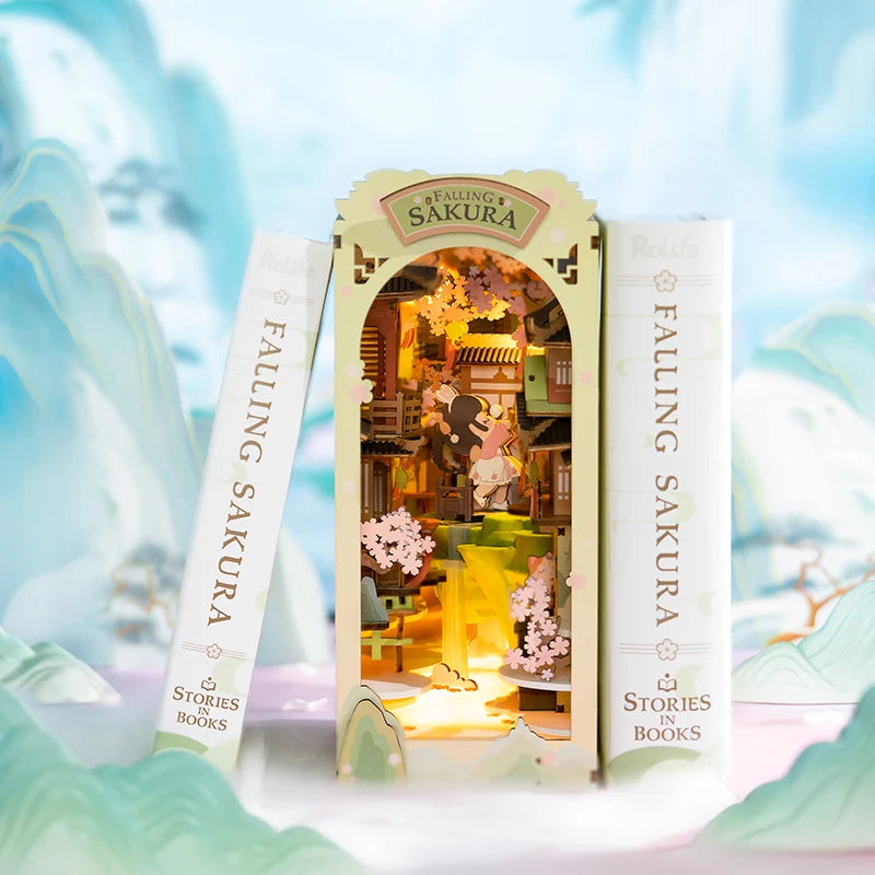 Robotime Rolife Falling Sakura Book Nook with Lights Easy Assemble Home Decoration Booknook Best Gifts for Family Children TGB05