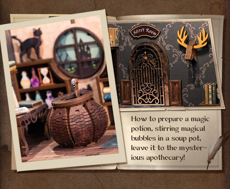 CUTEBEE DIY Book Nook Kit Miniature Book Nook with Touch Light Model Building Adults for Christmas Decoration (Magic Pharmacist)