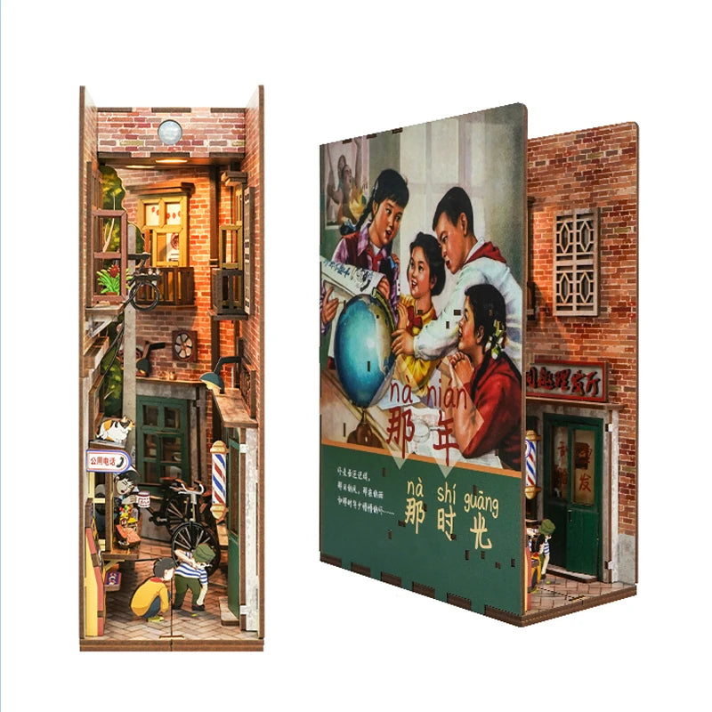 DIY Book Nook Kit for Adults Wooden 3D Puzzle Bookend Bookshelf Insert Decor Booknook Miniature House Kit With Dust Cover LED