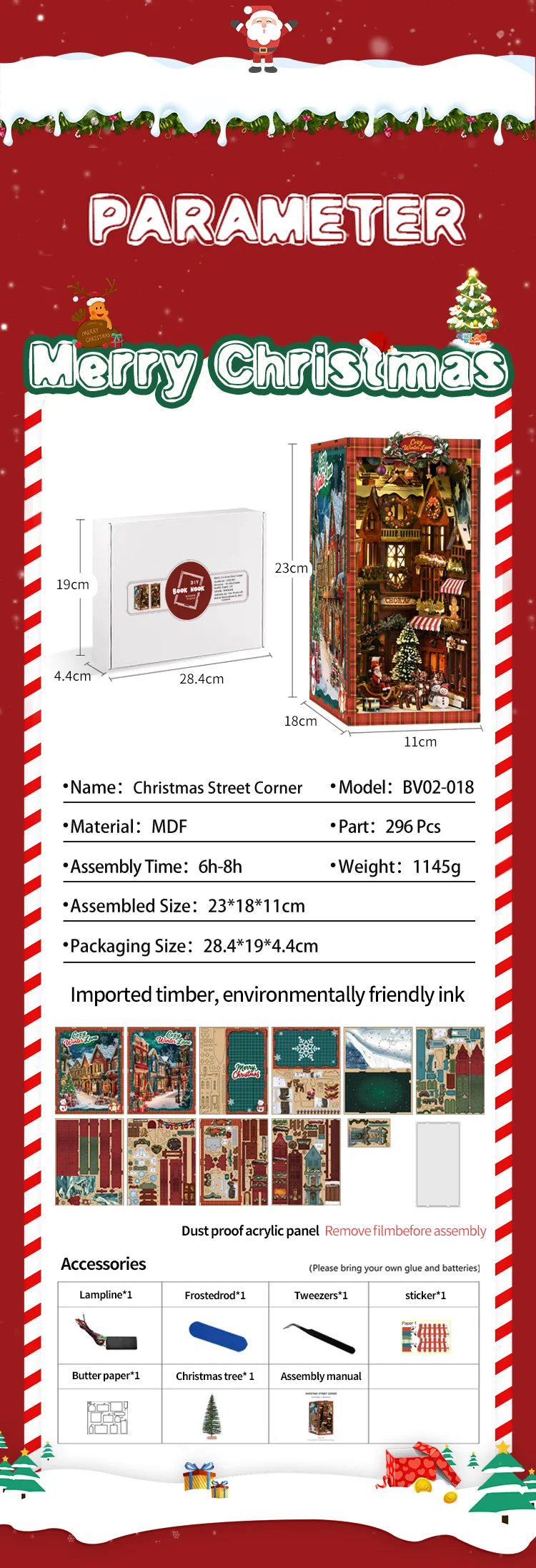 NEW DIY Book Nook Wooden Miniature Model Kits Christmas Street Corner Bookend 3D Puzzle with Light Bookshelf for Friends Gifts