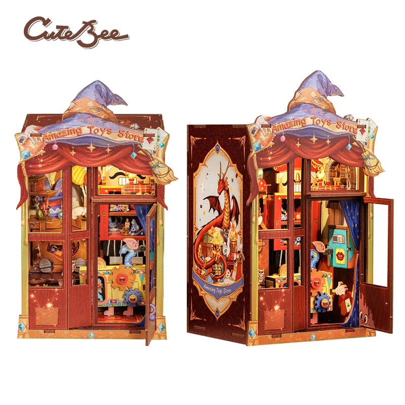 CUTEBEE DIY Book Nook Kit Miniature Dollhouse with Led Light Bookshelf Insert Booknook Home Decor for Amazing Toys Store