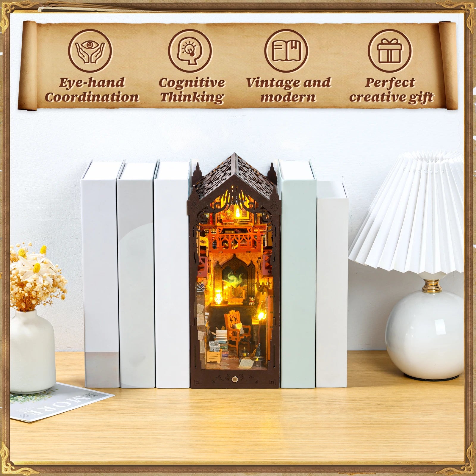 DIY Book Nook Kit Miniature Wooden Dollhouse with Light Bookshelf Insert Decoration Model Magic Library Bookend Birthday Gifts