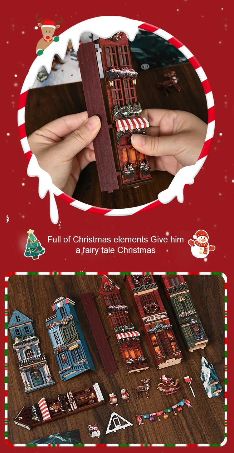 NEW DIY Book Nook Wooden Miniature Model Kits Christmas Street Corner Bookend 3D Puzzle with Light Bookshelf for Friends Gifts