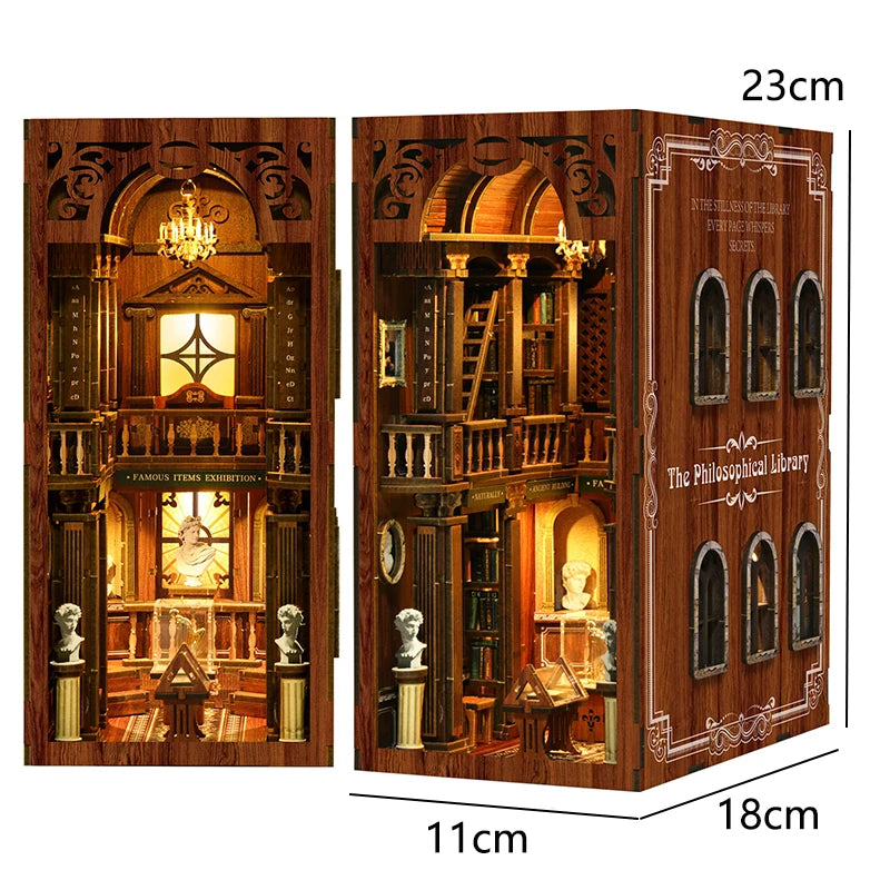 3D Wooden Book Stand Puzzle,DIY Book Nook Kits,Dollhouse Wood Bookends Book Nook Model Building Kit with LED ,Gift for Adults
