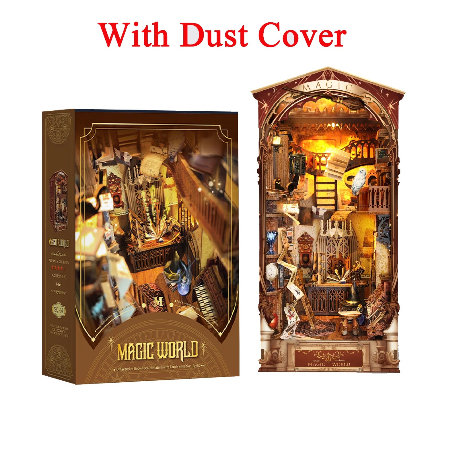 DIY Wooden Book Nook Shelf Insert Kit Miniature Building Kits Magic Night Alley Bookshelf with LED Lights Bookends Friends Gifts