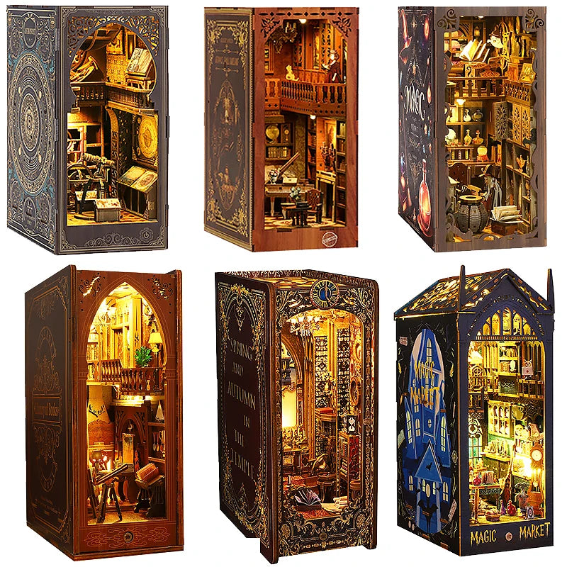 Book Nook Kit DIY Miniature House Wooden Book Shelf Insert Model Dollhouses With Light 3D Puzzle Building Toys For Kids Gifts