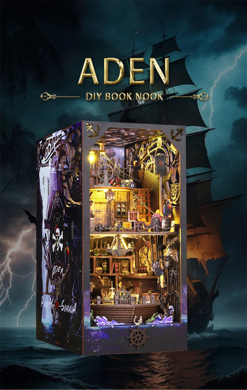 Retro DIY Wooden Book Nook Shelf Insert Kits Miniatures Magical Pirate Ship Bookcase Home Bookshelf Decor Adult Handmade Gifts