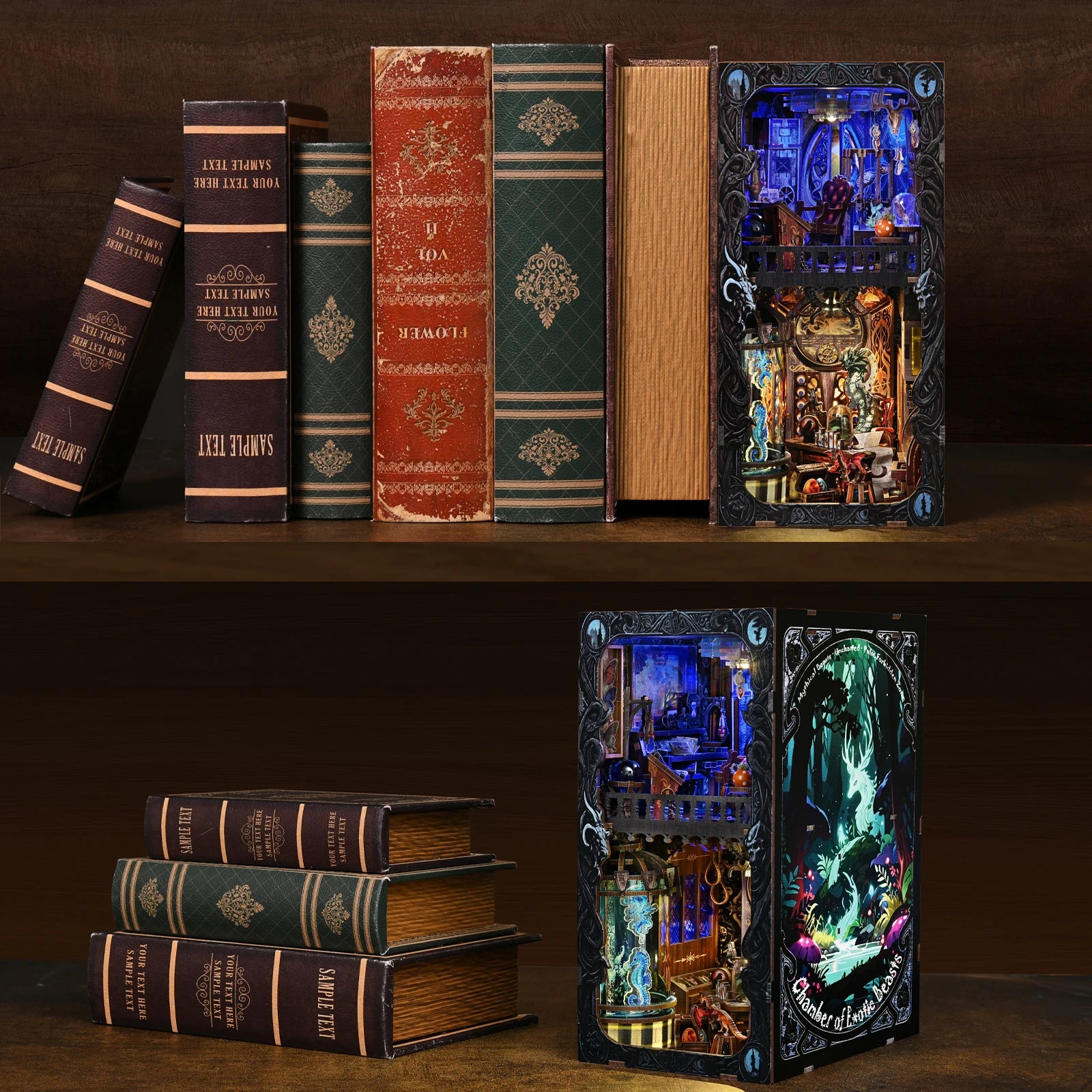 DIY Book Nook Kit Monster Collection Room Wooden Bookshop Dollhouse with Light Bookshelf Insert 3D Puzzle Decor for Gift