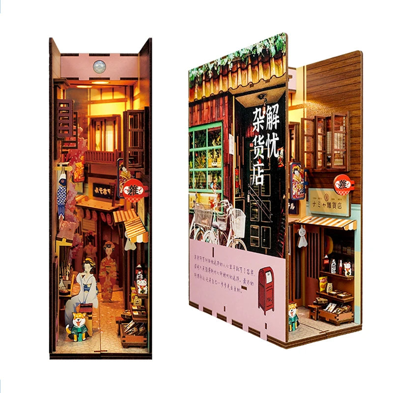 DIY Book Nook Kit for Adults Wooden 3D Puzzle Bookend Bookshelf Insert Decor Booknook Miniature House Kit With Dust Cover LED