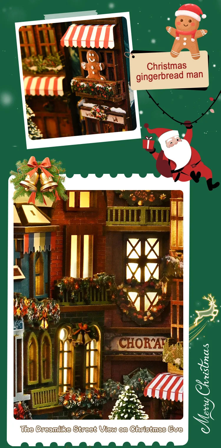 NEW DIY Book Nook Wooden Miniature Model Kits Christmas Street Corner Bookend 3D Puzzle with Light Bookshelf for Friends Gifts