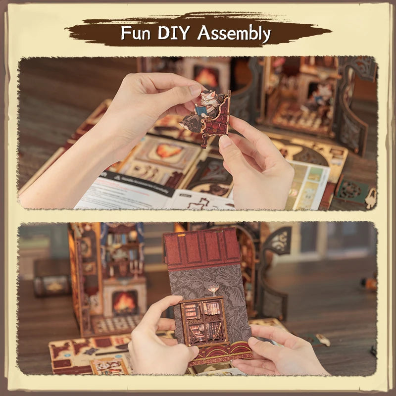 CUTEBEE Booknook Kit DIY Doll House with LED Light Bookshelf Insert Birthday Party Gifts For Count Cat Study
