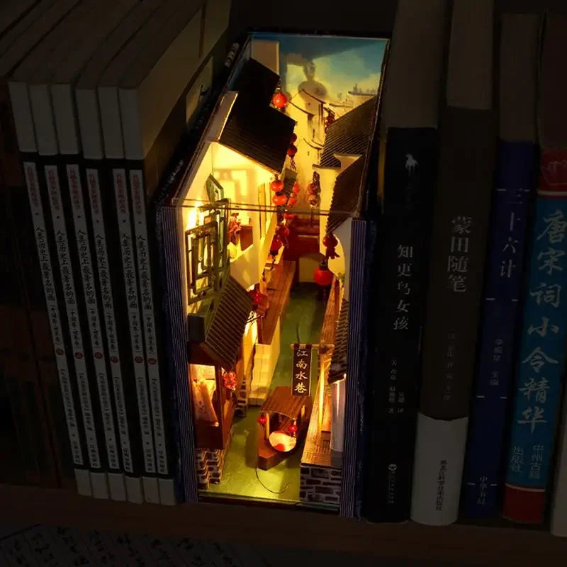DIY Creative Book Nook Kit Decorative Japanese Style Bookend Insert Bookcase Book Stand Miniature House with LED Light Gift